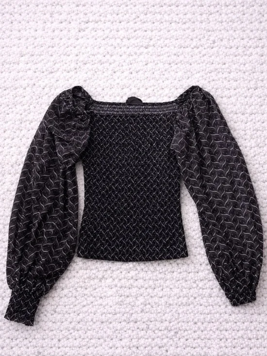 Anthropologie Black Smocked Square Neck Puff Sleeve Blouse XS Sheer Sleeve Top - Picture 1 of 5